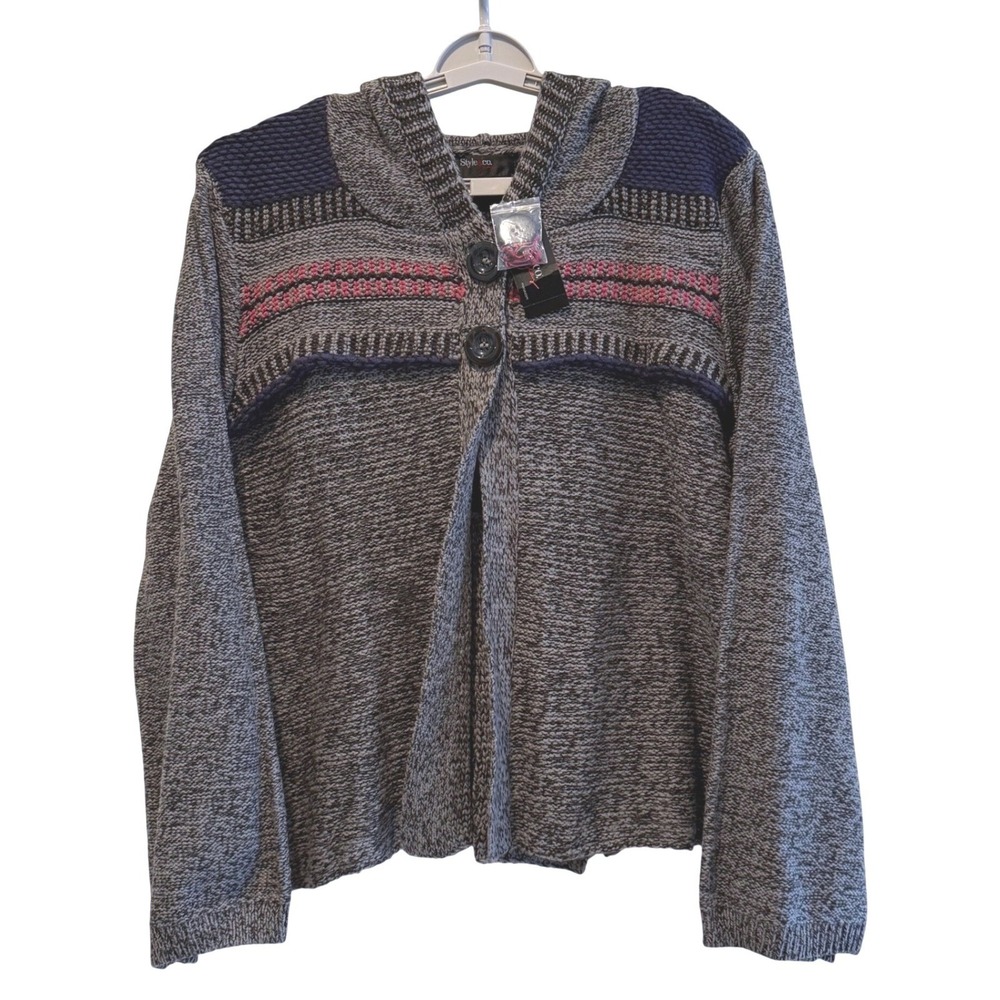 Style & Co. Gray Knit Hooded Cardigan with Navy and Pink Stripes